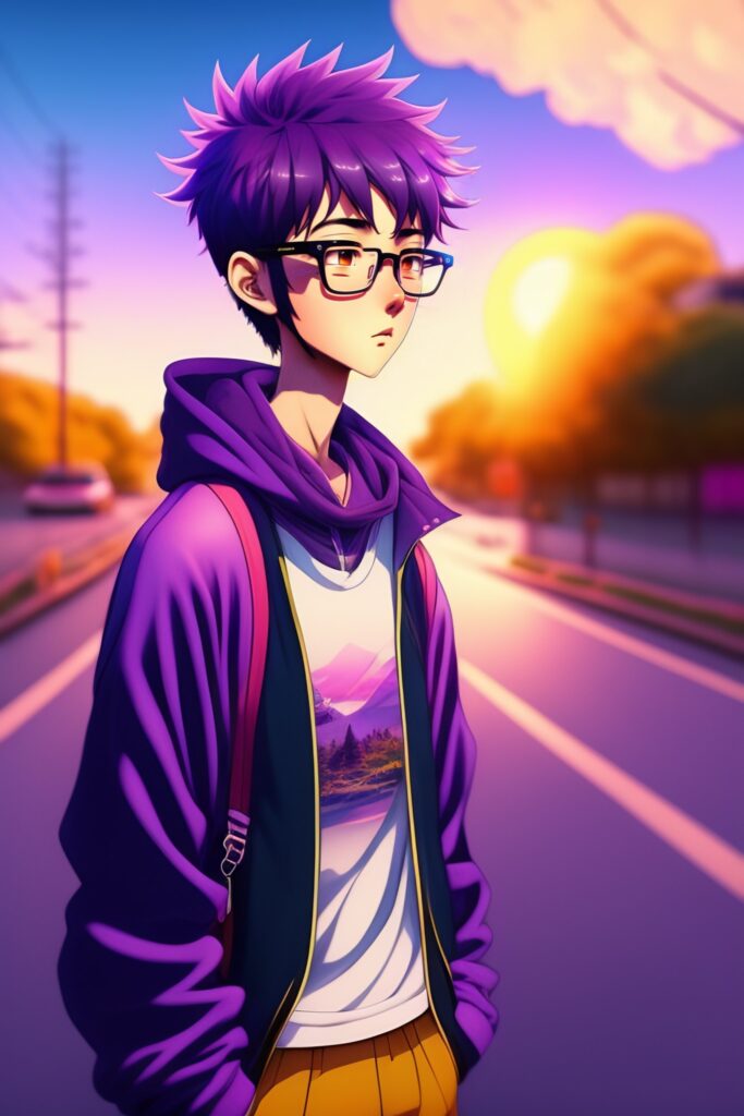 Prompt: "Skinny Anime boy, glasses, listening to music in cycle in the street of rural Japaneses city, wide angle, anime boy, sunset, relaxed, pink and purple cloud, starts, soft light"