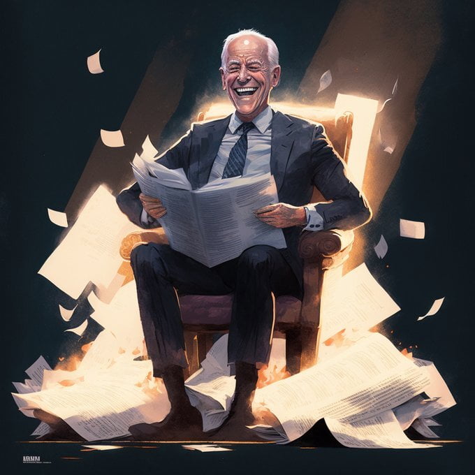 Prompt #43. Joe Biden sitting on a throne of classified documents laughing in a menacing demeanor.
