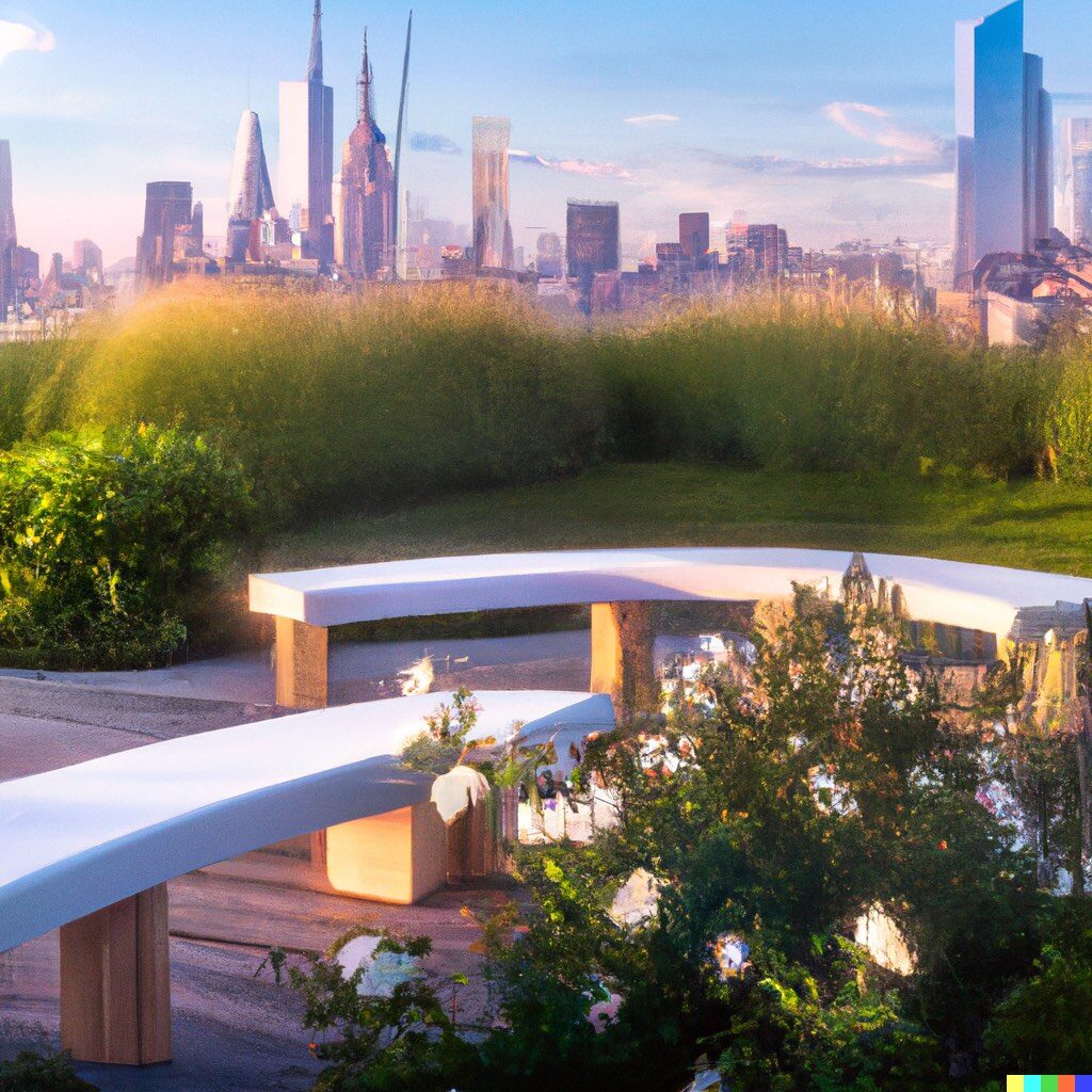 Prompt: "Artists impression of award-winning rooftop garden design, white marble benches amidst wildflower meadow, NYC skyline in background, photograph at golden hour"