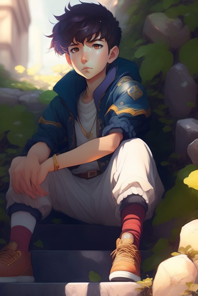 Prompt: "Boy with super powers powers and curly and brown hair, sitting on a stone stair under a vine rack, illustration concept art anime key visual trending pixiv fanbox by wlop and greg rutkowski and makoto shinkai and studio ghibli"