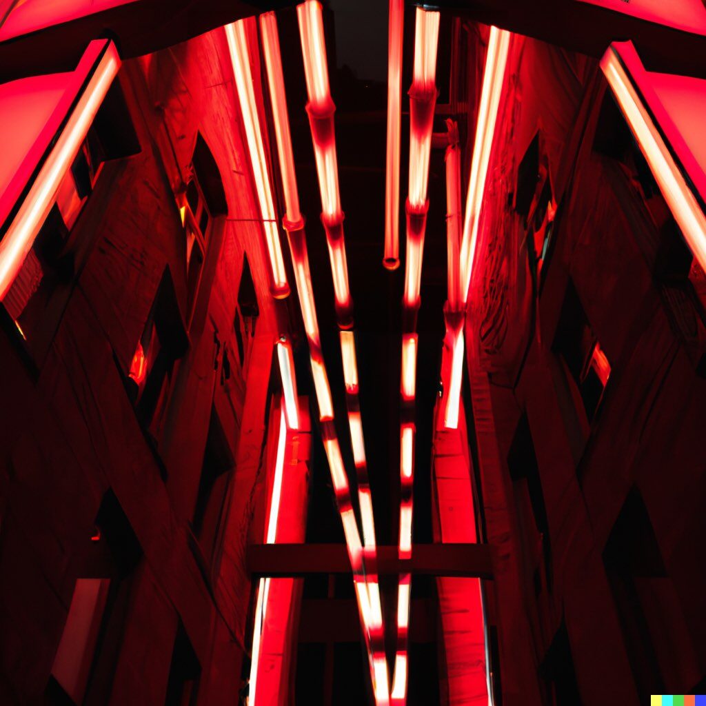 Prompt #22. "Red fluorescent tubes suspended above a city alleyway, beautiful lighting installation inspired by Lumiere, night time photography, dramatic lighting"