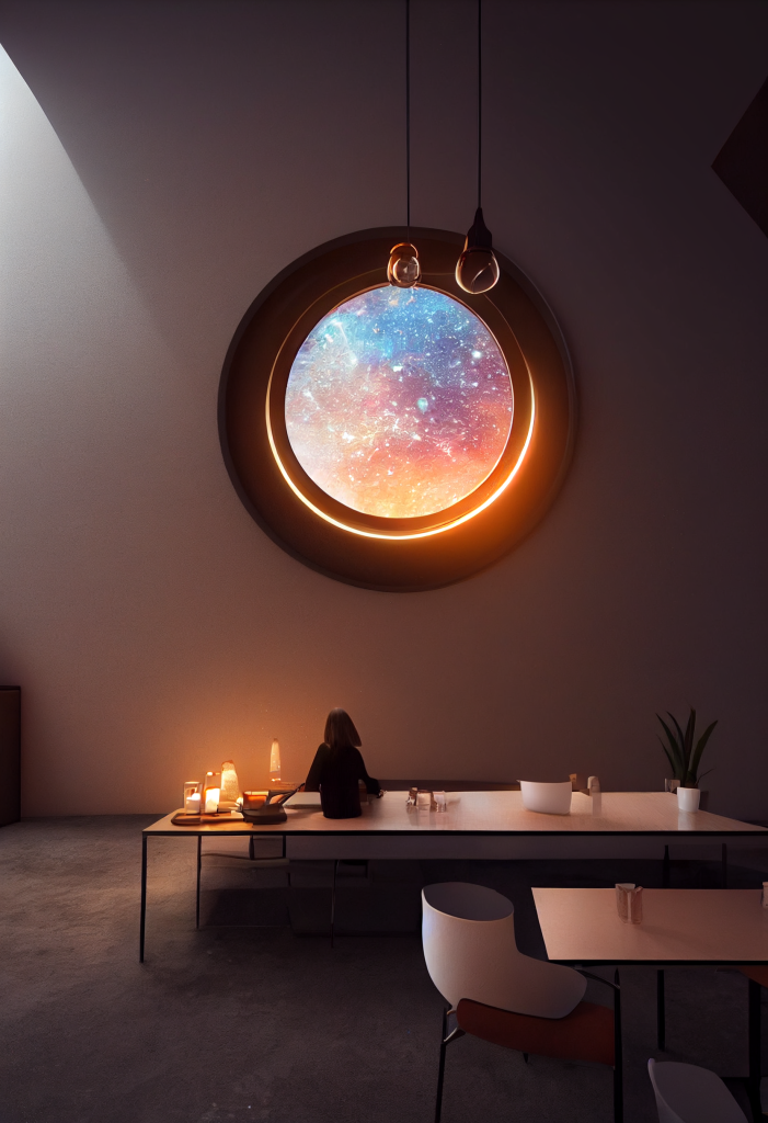 Prompt #36. a minimalist contemporary cafe with a large round zen window view of a starry nebula, interior environment design, contempoary furniture, candlelight, 8k, octane render, arch viz, modern, space opera, ray traced, medium format